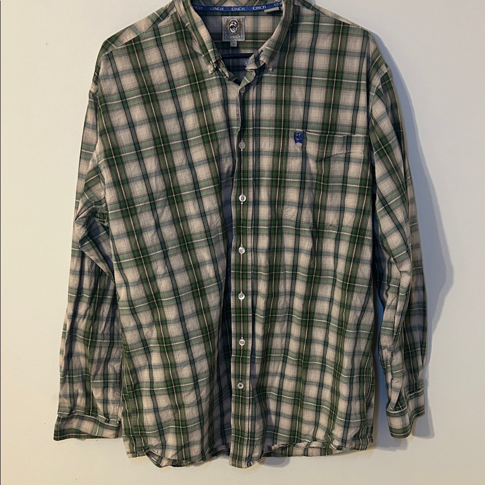 Cinch Green and White Plaid Casual Shirt